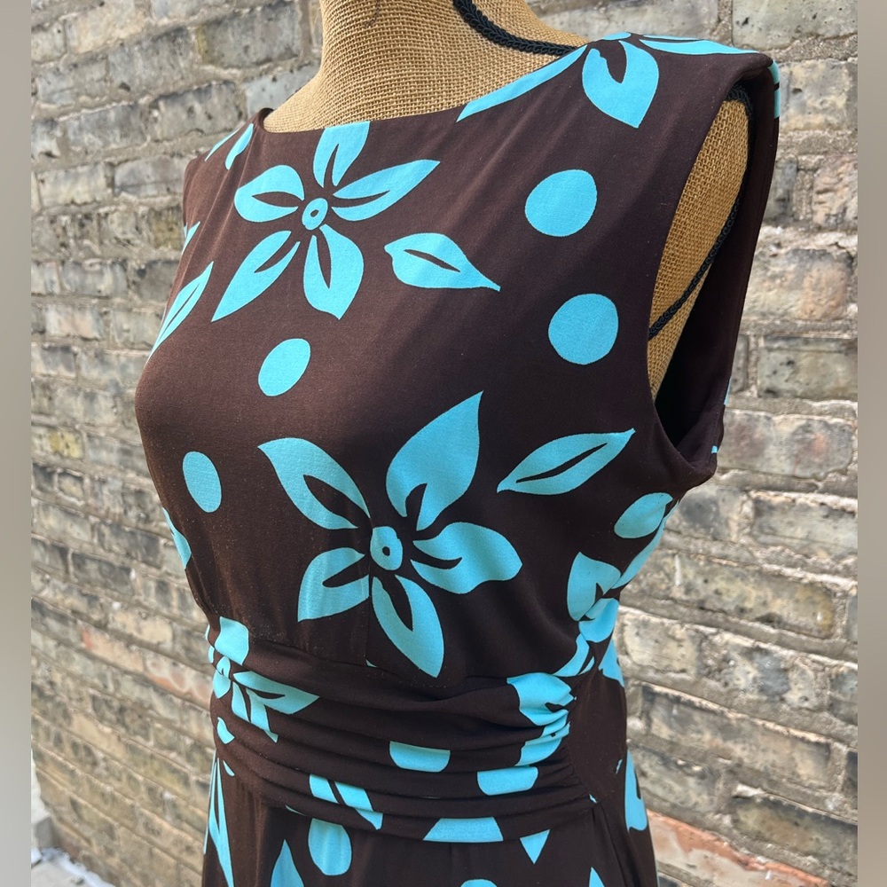 Jessica Howard Ruched Midi Dress Hawaiian Print Floral Chocolate Blue Size 12 - Picture 3 of 10